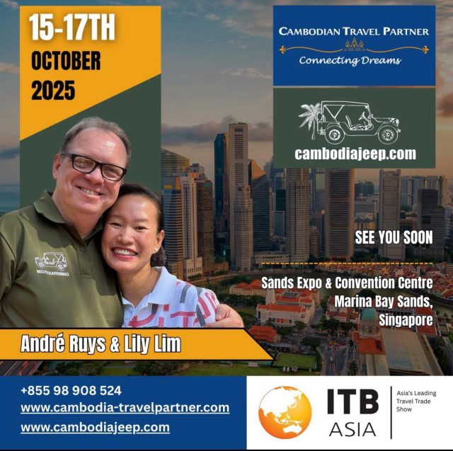 André and Lily from Cambodian Travel Partner and Cambodiajeep are excited to announce they will be attending ITB Asia in Singapore from October 15 to 17, 2025.
If you'll be at the event, please reach out to us. We'd love to tell you more about our unique vintage jeep tours and discuss other amazing activities and destinations across Cambodia. Let's set up a quick meeting-we're happy to make time for you. See you soon in Singapore!
For more info about Cambodia Jeep:
+855(0) 98 513 118 / +855(0) 12 908 524 / +855
(0)98 908 524
📪 info@cambodiajeep.com
🌏 www.cambodiajeep.com
#cambodiajeep
#cambodiajeeptour
#cambodiajeeptours
Or
More info about Cambodian Travel Partner,
please contact us here:
Whatssapp: +855 (0) 98 908 524 | +855 (0) 15 513118
📥 info@cambodia-travelpartner.com
🌏www.cambodia-travelpartner.com
#ctpcambodia
#visitcambodia
#traveltocambodia
