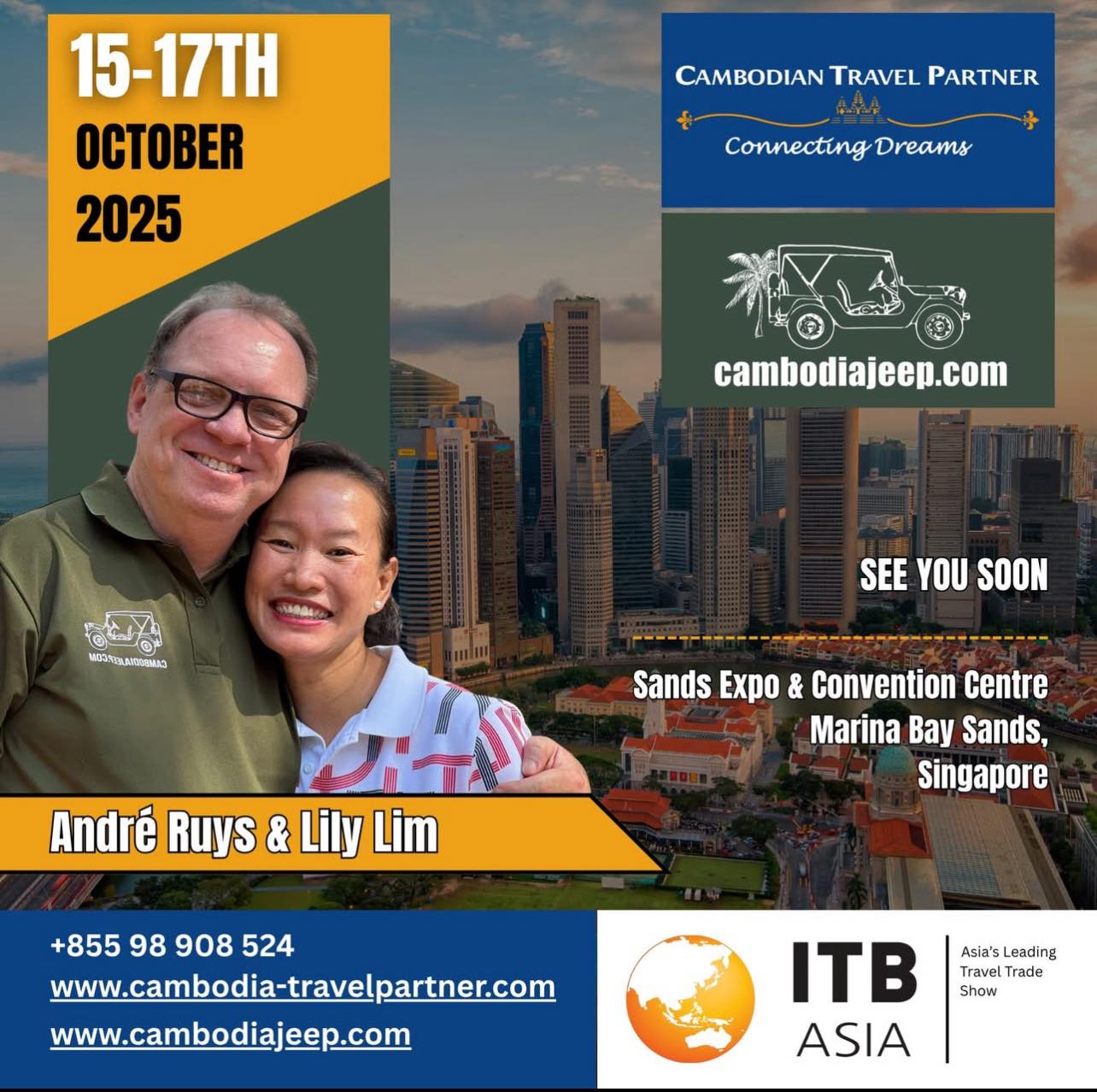 AndrΓ© and Lily from Cambodian Travel Partner and Cambodiajeep are excited to announce they will be attending ITB Asia in Singapore from October 15 to 17, 2025.
If you'll be at the event, please reach out to us. We'd love to tell you more about our unique vintage jeep tours and discuss other amazing activities and destinations across Cambodia. Let's set up a quick meeting-we're happy to make time for you. See you soon in Singapore!
For more info about Cambodia Jeep:
+855(0) 98 513 118 / +855(0) 12 908 524 / +855
(0)98 908 524
πͺ info@cambodiajeep.com
π www.cambodiajeep.com
#cambodiajeep
#cambodiajeeptour
#cambodiajeeptours
Or
More info about Cambodian Travel Partner,
please contact us here:
Whatssapp: +855 (0) 98 908 524 | +855 (0) 15 513118
π₯ info@cambodia-travelpartner.com
πwww.cambodia-travelpartner.com
#ctpcambodia
#visitcambodia
#traveltocambodia